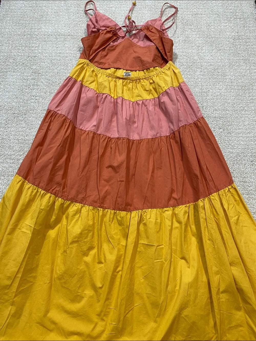 Tiered Colorblock Maxi Dress - Pink, Coral & Yellow Size L 100% Cotton